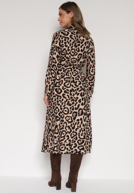 Panterkowa Koszulowa Sukienka z Wiskozą w Panterkę z Wiązanym Paskiem Assava 3
