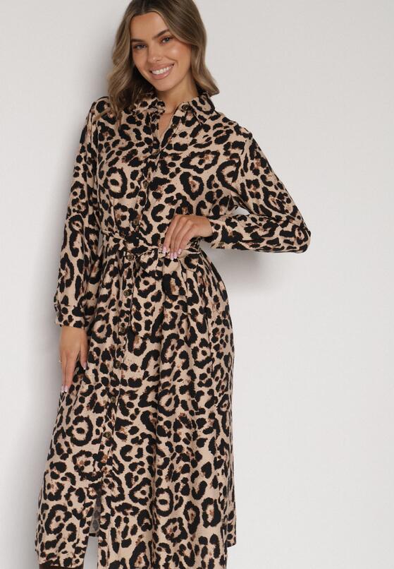 Panterkowa Koszulowa Sukienka z Wiskozą w Panterkę z Wiązanym Paskiem Assava 4