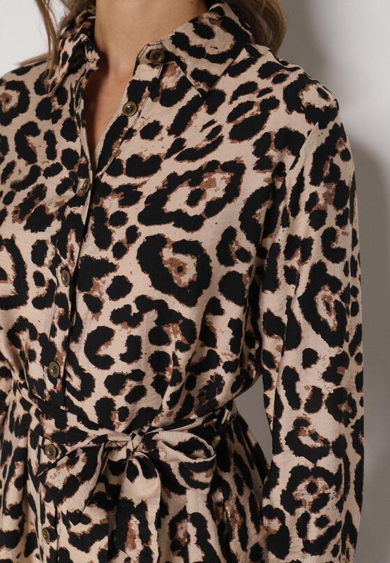 Panterkowa Koszulowa Sukienka z Wiskozą w Panterkę z Wiązanym Paskiem Assava 5