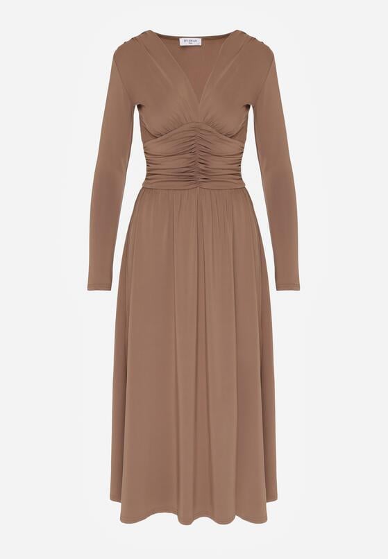 Brązowa Marszczona Sukienka Taliowana z Wiskozą z Dekoltem V i Długim Rękawem Emirie 1