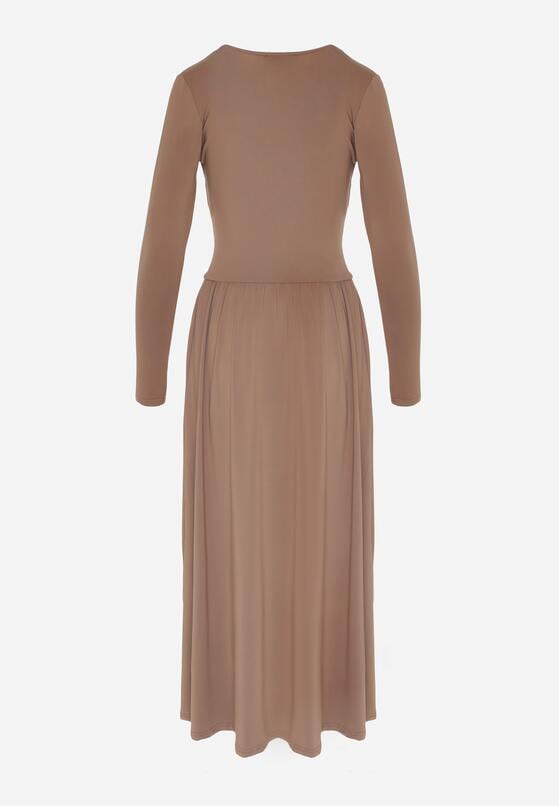 Brązowa Marszczona Sukienka Taliowana z Wiskozą z Dekoltem V i Długim Rękawem Emirie 2