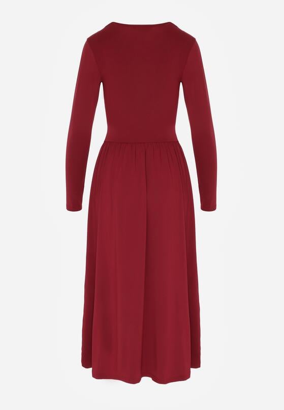 Bordowa Marszczona Sukienka Taliowana z Wiskozą z Dekoltem V i Długim Rękawem Emirie 2