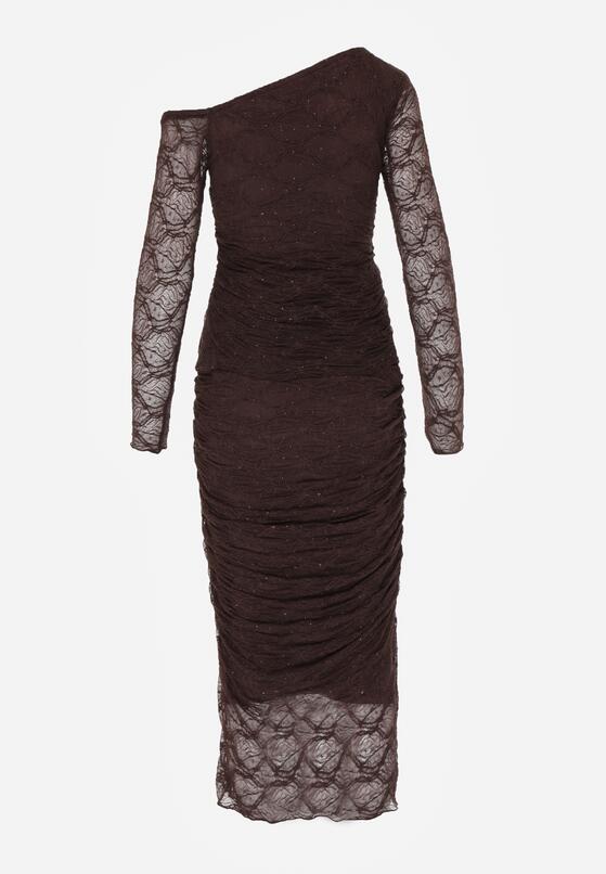 Brązowy Koronkowy Komplet Dopasowana Spódnica i Bluzka na Jedno Ramię Calonara 2