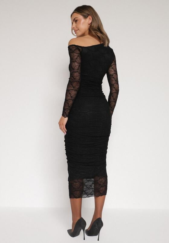 Czarny Koronkowy Komplet Dopasowana Spódnica i Bluzka na Jedno Ramię Calonara 3