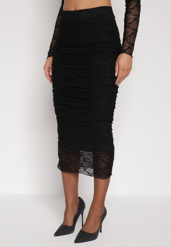 Czarny Koronkowy Komplet Dopasowana Spódnica i Bluzka na Jedno Ramię Calonara 4