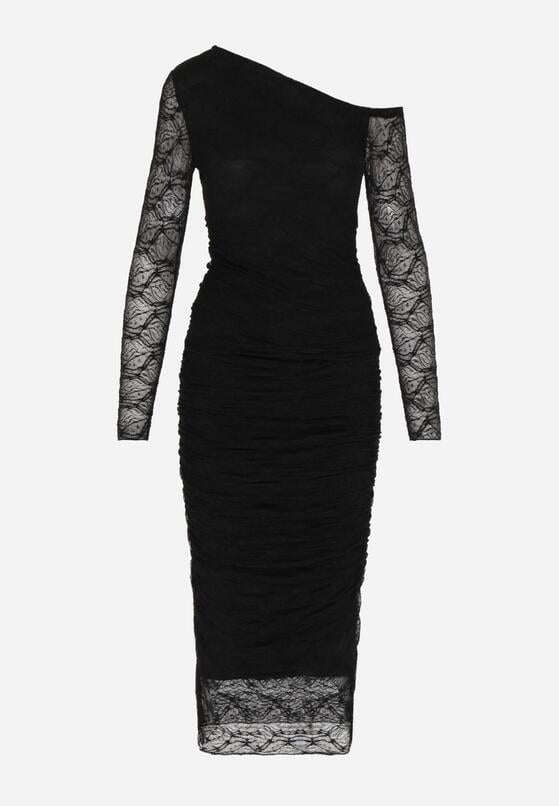 Czarny Koronkowy Komplet Dopasowana Spódnica i Bluzka na Jedno Ramię Calonara 6