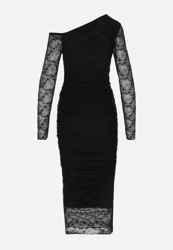 Czarny Koronkowy Komplet Dopasowana Spódnica i Bluzka na Jedno Ramię Calonara 7