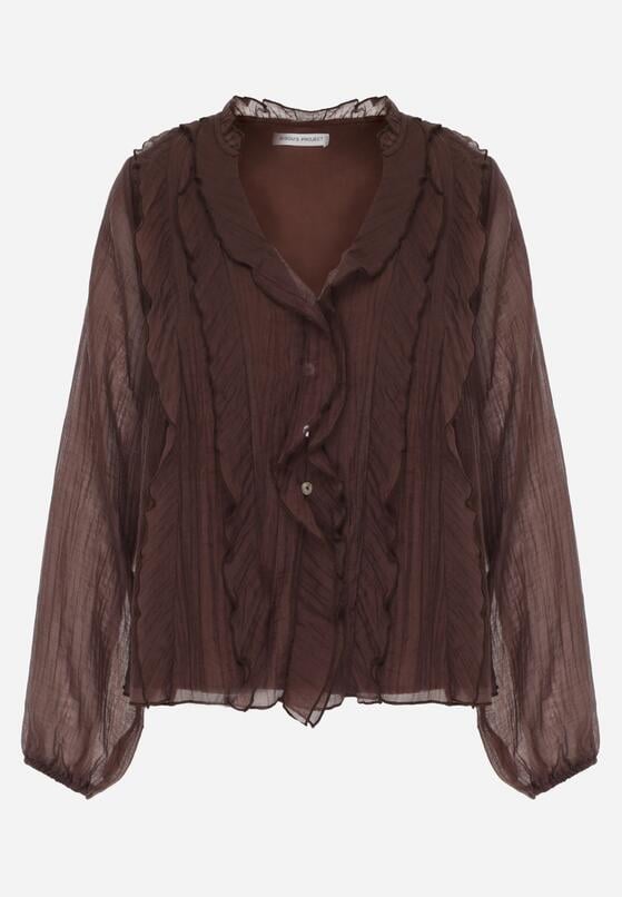 Brązowa Bluzka Koszulowa z Dekoltem w Serek Zdobiona Falbankami Nailiphis 1