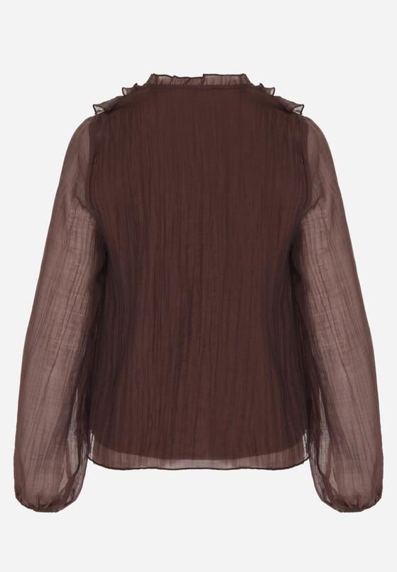 Brązowa Bluzka Koszulowa z Dekoltem w Serek Zdobiona Falbankami Nailiphis 2