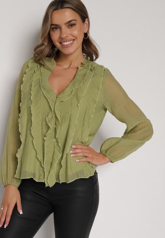 Ciemnobeżowa Bluzka Koszulowa z Dekoltem w Serek Zdobiona Falbankami Nailiphis 2