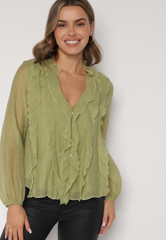 Ciemnobeżowa Bluzka Koszulowa z Dekoltem w Serek Zdobiona Falbankami Nailiphis 4