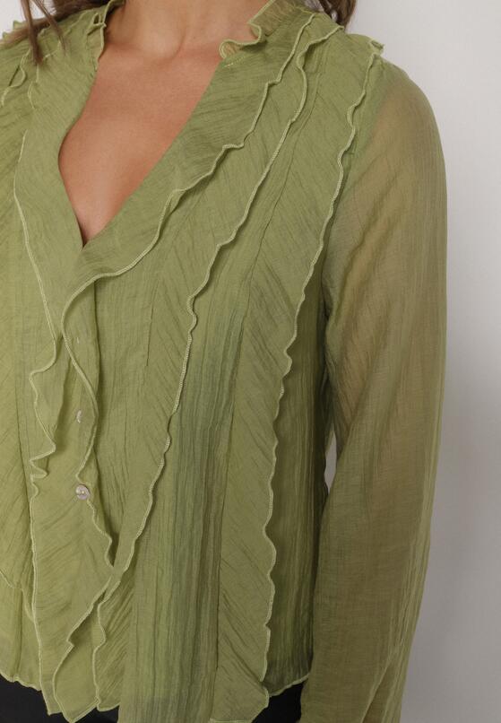 Ciemnobeżowa Bluzka Koszulowa z Dekoltem w Serek Zdobiona Falbankami Nailiphis 5