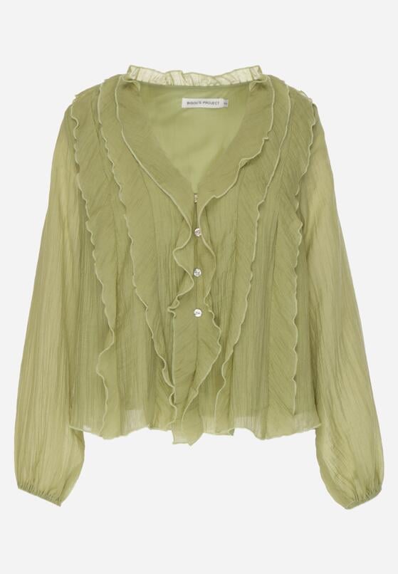 Ciemnobeżowa Bluzka Koszulowa z Dekoltem w Serek Zdobiona Falbankami Nailiphis 6