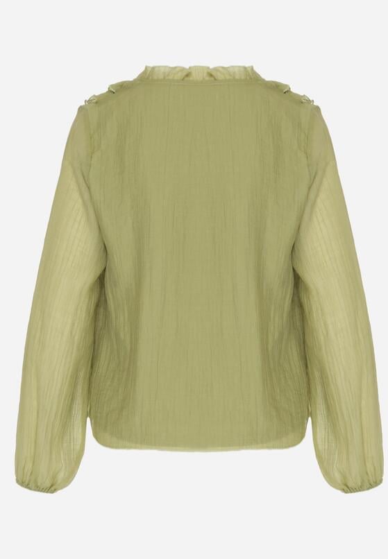 Ciemnobeżowa Bluzka Koszulowa z Dekoltem w Serek Zdobiona Falbankami Nailiphis 7