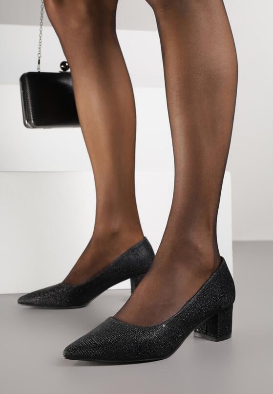 Czarne Klasyczne Czółenka na Niskim Słupku Zdobione Brokatem Sewnaia 2