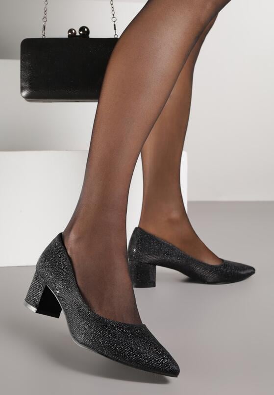 Czarne Klasyczne Czółenka na Niskim Słupku Zdobione Brokatem Sewnaia 1