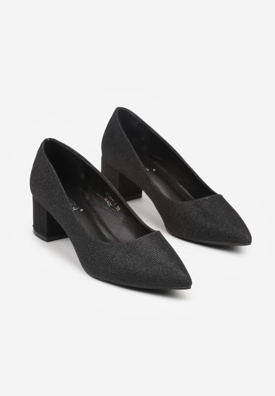 Czarne Klasyczne Czółenka na Niskim Słupku Zdobione Brokatem Sewnaia 5