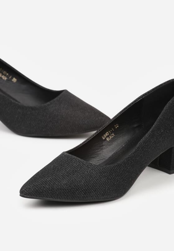 Czarne Klasyczne Czółenka na Niskim Słupku Zdobione Brokatem Sewnaia 7