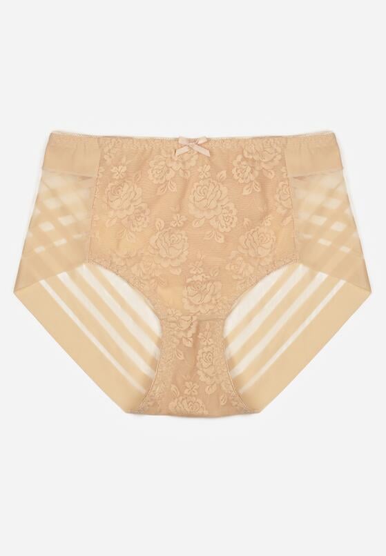 Beżowe Majtki Figi z Wysokim Stanem Zdobione Koronką i Siateczką Helieth 1