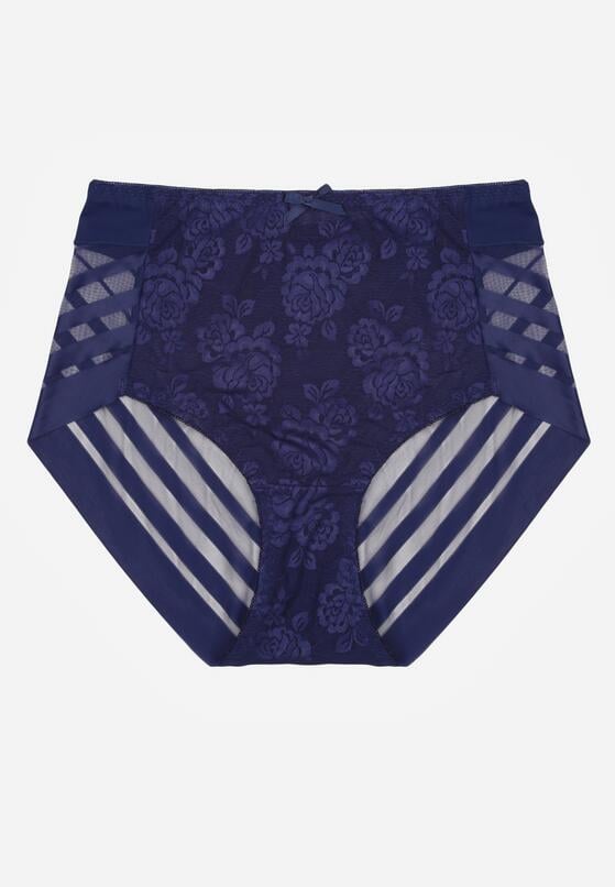 Granatowe Majtki Figi z Wysokim Stanem Zdobione Koronką i Siateczką Helieth 1