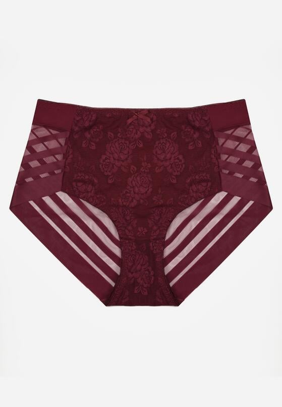 Bordowe Majtki Figi z Wysokim Stanem Zdobione Koronką i Siateczką Helieth 1