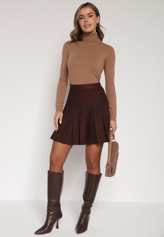 Brązowa Plisowana Spódnica z Wiskozą z Wysokim Stanem Nesadoe 2