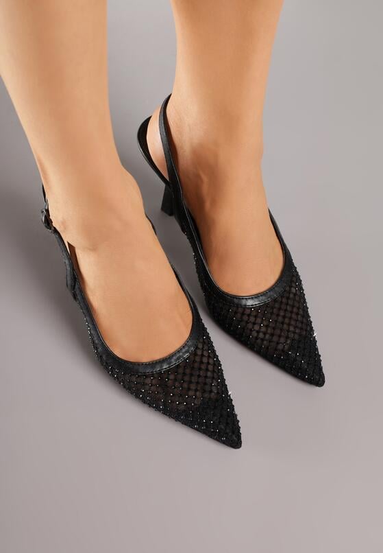 Czarne Sandały na Szpilce Bez Pięty Ozdobione Siateczką i Cyrkoniami Nemelana 3