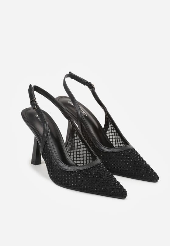 Czarne Sandały na Szpilce Bez Pięty Ozdobione Siateczką i Cyrkoniami Nemelana 5