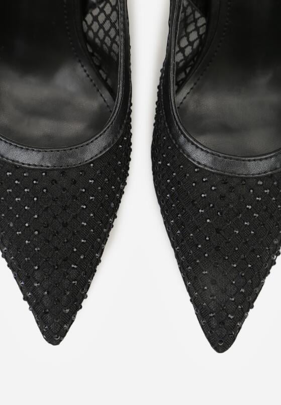 Czarne Sandały na Szpilce Bez Pięty Ozdobione Siateczką i Cyrkoniami Nemelana 6