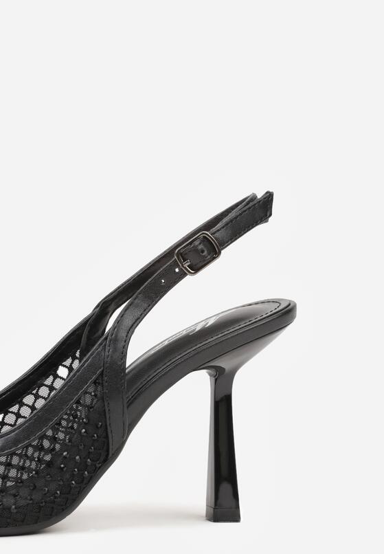 Czarne Sandały na Szpilce Bez Pięty Ozdobione Siateczką i Cyrkoniami Nemelana 8