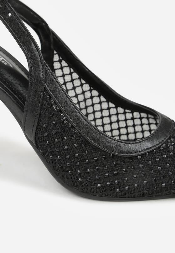 Czarne Sandały na Szpilce Bez Pięty Ozdobione Siateczką i Cyrkoniami Nemelana 9