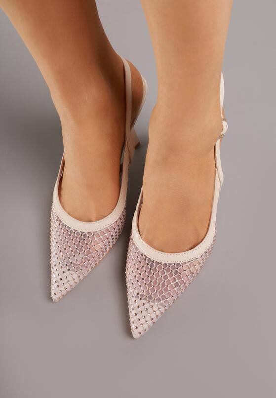 Beżowe Sandały na Szpilce Bez Pięty Ozdobione Siateczką i Cyrkoniami Nemelana 3