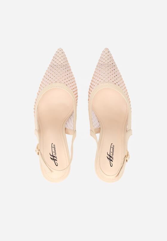 Beżowe Sandały na Szpilce Bez Pięty Ozdobione Siateczką i Cyrkoniami Nemelana 6