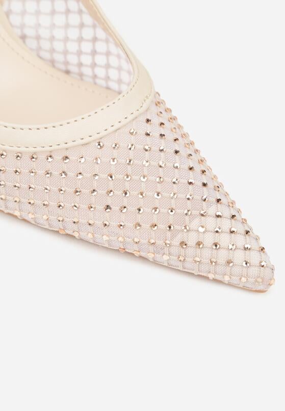 Beżowe Sandały na Szpilce Bez Pięty Ozdobione Siateczką i Cyrkoniami Nemelana 8
