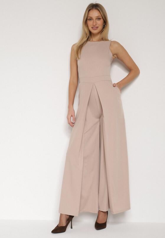 Beżowy Elegancki Kombinezon z Ozdobnymi Zakładkami Zellysha 1