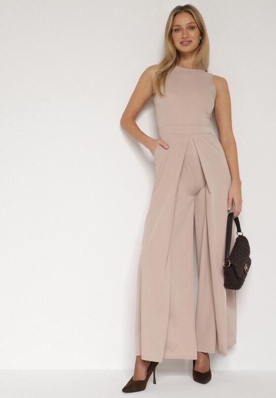 Beżowy Elegancki Kombinezon z Ozdobnymi Zakładkami Zellysha 2