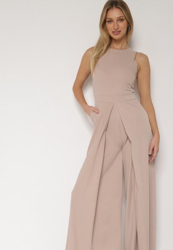 Beżowy Elegancki Kombinezon z Ozdobnymi Zakładkami Zellysha 4