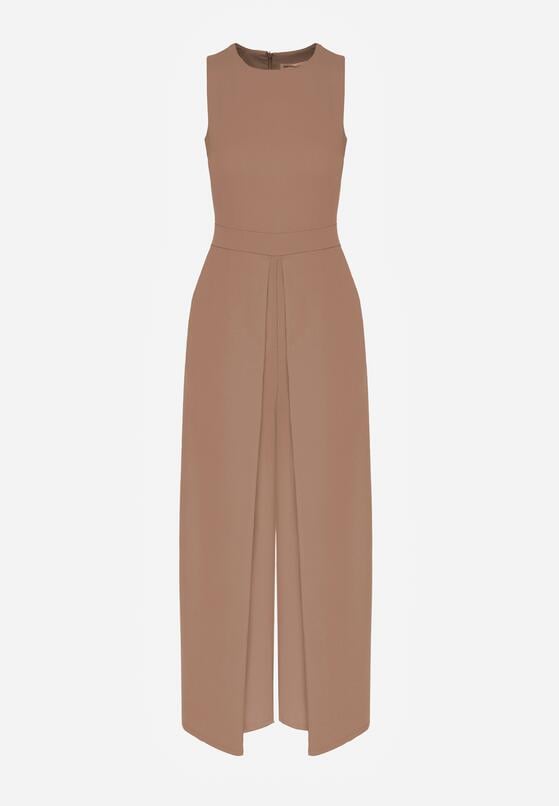 Ciemnobeżowy Elegancki Kombinezon z Ozdobnymi Zakładkami Zellysha 6