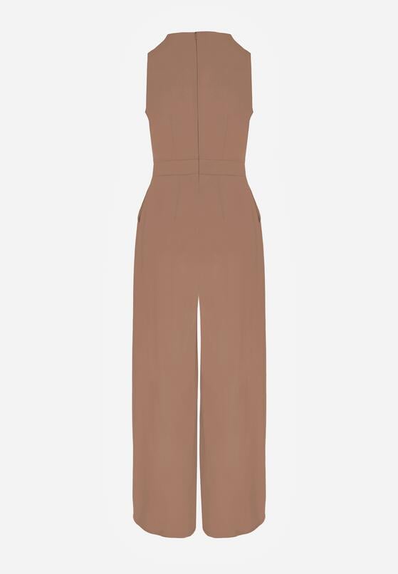 Ciemnobeżowy Elegancki Kombinezon z Ozdobnymi Zakładkami Zellysha 7