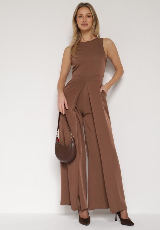 Brązowy Elegancki Kombinezon z Ozdobnymi Zakładkami Zellysha 2