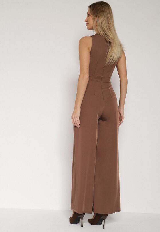Brązowy Elegancki Kombinezon z Ozdobnymi Zakładkami Zellysha 3
