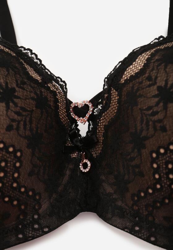 Czarno-Beżowy Koronkowy Biustonosz Ozdobiony Cyrkoniowym Sercem Galirope 3