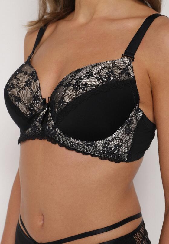 Czarno-Beżowy Biustonosz Ozdobiony Cyrkoniami i Koronką Corraella 4