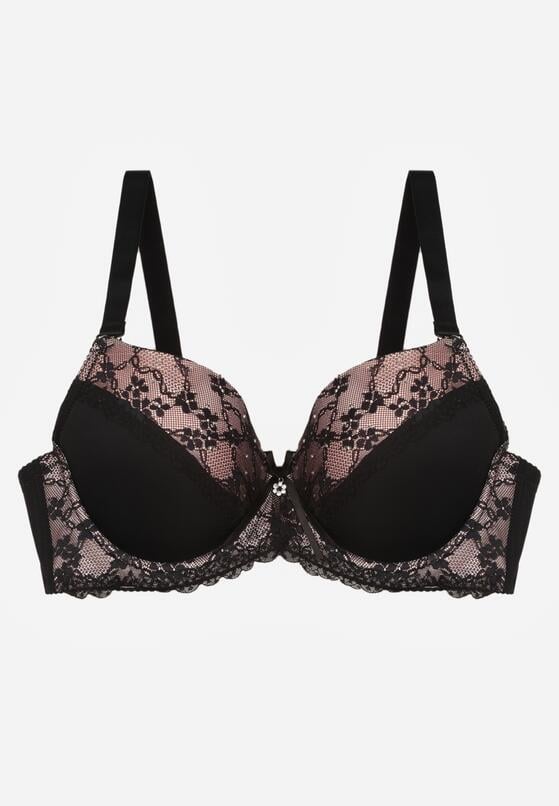 Czarno-Różowy Biustonosz Ozdobiony Cyrkoniami i Koronką Corraella 5