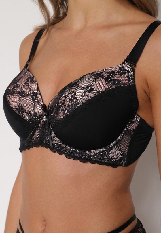 Czarno-Różowy Biustonosz Ozdobiony Cyrkoniami i Koronką Corraella 4