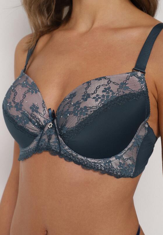 Ciemnozielony Biustonosz Ozdobiony Cyrkoniami i Koronką Corraella 4