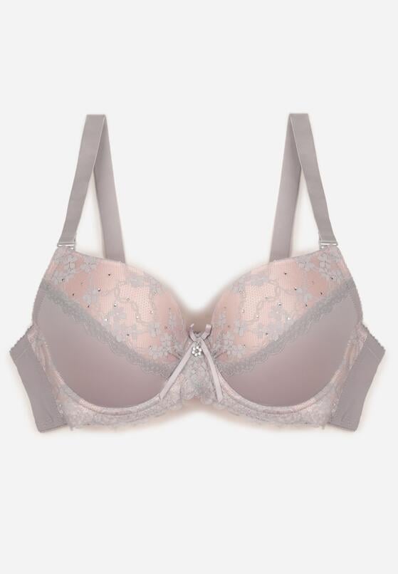 Szaro-Różowy Biustonosz Ozdobiony Cyrkoniami i Koronką Corraella 1