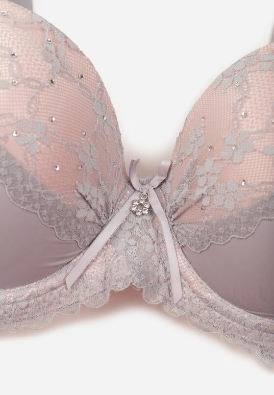 Szaro-Różowy Biustonosz Ozdobiony Cyrkoniami i Koronką Corraella 3