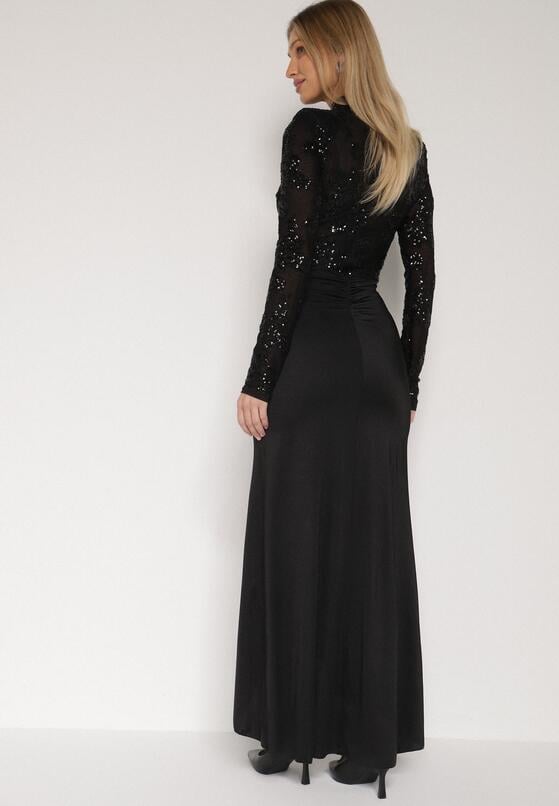 Czarna Cekinowa Sukienka Wieczorowa z Półgolfem i Trenem Eylnore 3