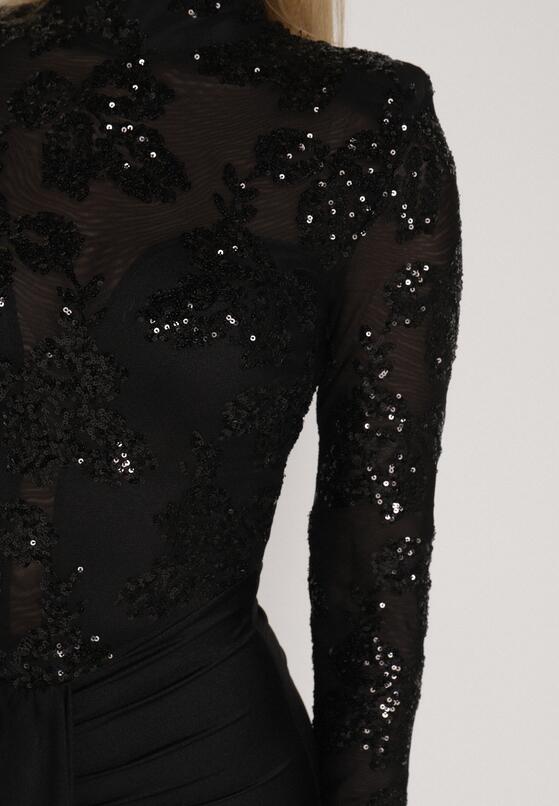Czarna Cekinowa Sukienka Wieczorowa z Półgolfem i Trenem Eylnore 5